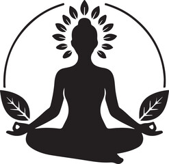 Silhouette of a woman meditating in lotus position with floral elements