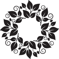 A black and white circular wreath design composed of leaves and swirls