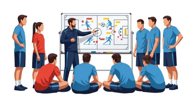 Young Soccer Coach Teaching Strategy to Team in Indoor Sports Facility