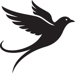 A sleek black silhouette of a bird in graceful flight wings spread wide