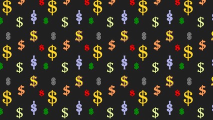 Seamless colorful dollar sign pattern on dark background. Multicolored symbols scattered in random directions. Bold money-themed vector. Ratio 16:9