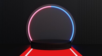 Black podium, black background with red carpet for advertising modern technology products. 3D illustration.