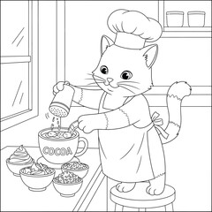 Cute Cat Chef Making Hot Cocoa in Kitchen &ndash; Adorable Animal Illustration for Coloring Pages and Creative Designs
