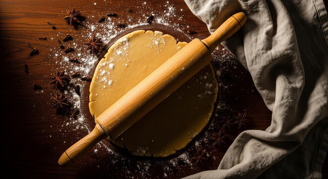 Homemade baking concept with raw dough, a rolling pin, and scattered aromatic star anise and flour on a rustic wooden surface - Powered by Adobe