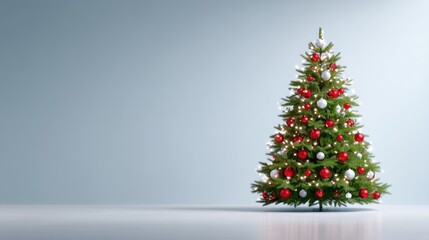 Elegant Christmas Tree with Red and White Ornaments Decorated with Bright Lights in a Minimalist Room Setting for Holiday Celebrations