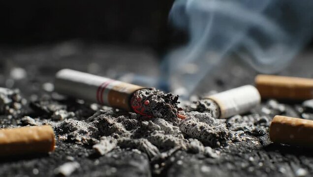 Burning Cigarette Butt with Smoke Rising on Dark Ashy Surface Surrounded by Used Filters Macro Shot