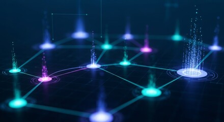 Futuristic digital network with glowing nodes and data streams.