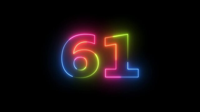 Number 61 neon bright glowing on black background