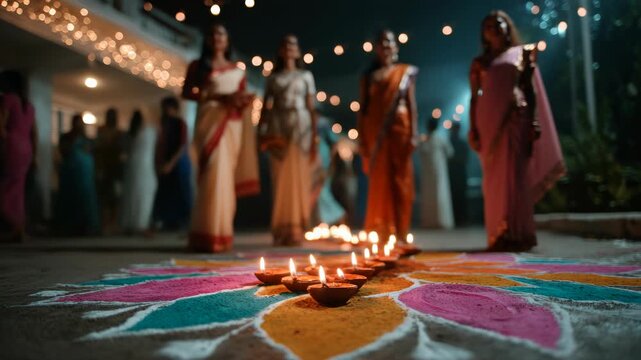 Diwali celebration with rangoli and oil lamps at night in India