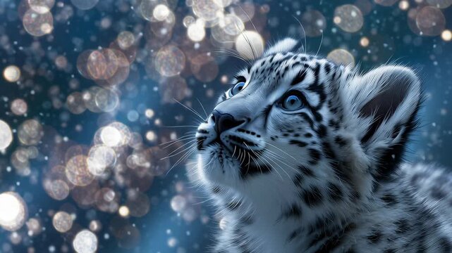 A baby tiger is looking up at the sky. The sky is filled with bright, colorful lights that create a dreamy, whimsical atmosphere. Snow Leopard cub looking up at shimmering lights