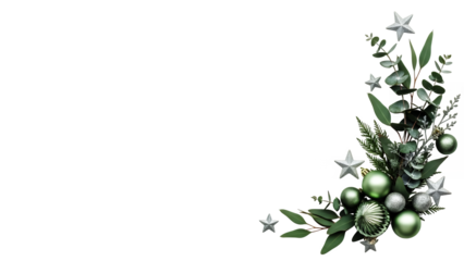 Elegant green and silver christmas corner border with festive ornaments, sparkling stars, and eucalyptus leaves on a clean background