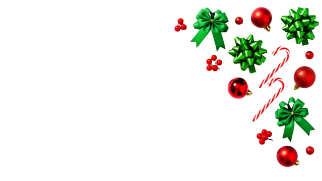 Festive christmas corner with red ornaments, green bows, candy canes, and holly berries on a clean background. - Powered by Adobe