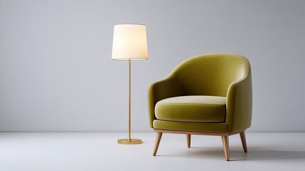 Fototapeta premium Stylish green chair with wooden legs and a modern floor lamp in minimalistic interior setting, ideal for contemporary home decor inspiration