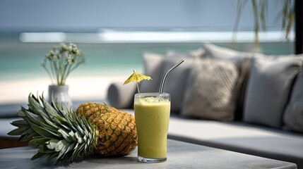 Tropical smoothie with pineapples served at beachside lounge with ocean view.