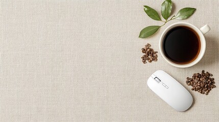 Coffee Cup, Mouse, and Beans on Linen Background