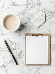 Coffee Cup, Pen, Clipboard on Marble Surface
