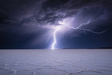 A dramatic lightning strike illuminates a vast, cracked salt flat under a stormy night sky.