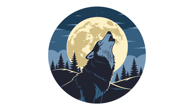 Majestic wolf howling under a luminous full moon amidst a tranquil forest at night, a captivating illustration of wilderness and primal instinct