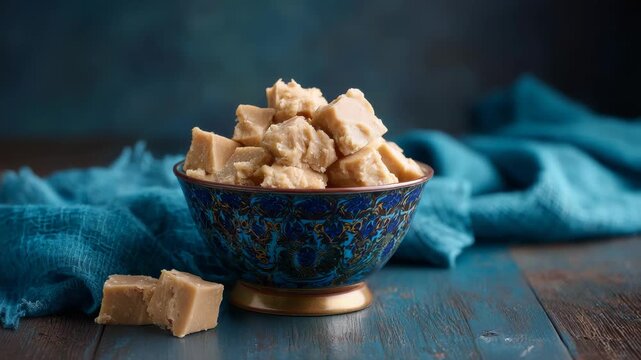 Delicious homemade peanut butter fudge in ornate bowl on blue background