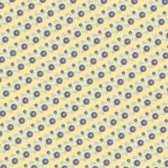 Diagonal seamless pattern with purple flowers and soft blue bubbles on alternating yellow stripes. Cute, playful, and decorative design. Ratio 1:1