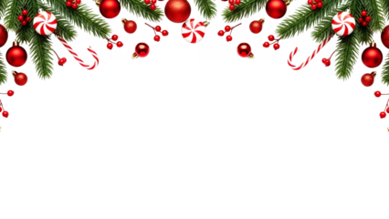 Christmas holiday border with festive evergreen pine branches, vibrant red ornaments, sweet candy canes, and holly berries