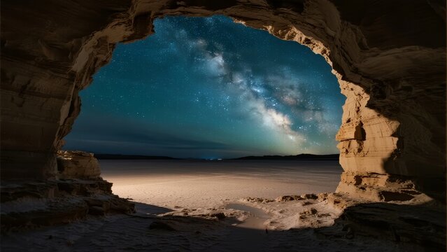 Milky Way visible through a natural rock arch over a desert landscape at night - Powered by Adobe