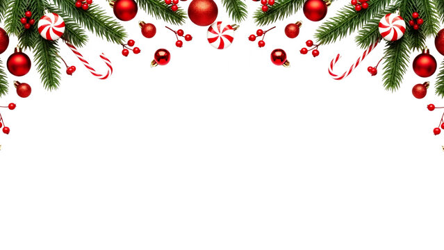 Christmas holiday border with festive evergreen pine branches, vibrant red ornaments, sweet candy canes, and holly berries
