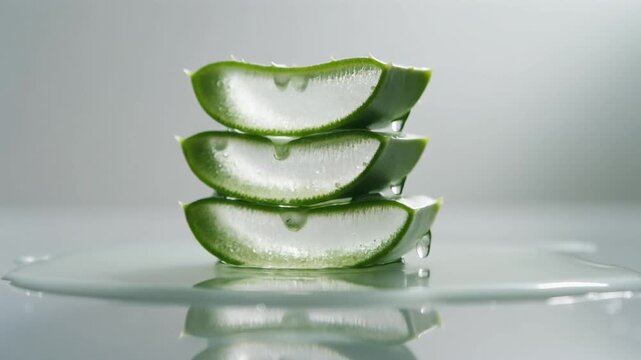 Fresh aloe vera slices with drops on a reflective surface for skincare
