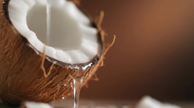 Fresh coconut water pouring into a halved coconut exotic tropical drink
