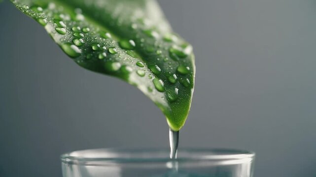 Fresh green leaf with water droplets slowly dripping into a clear glass