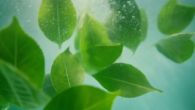 Fresh Green Leaves Submerged in Sparkling Water with Bubbles