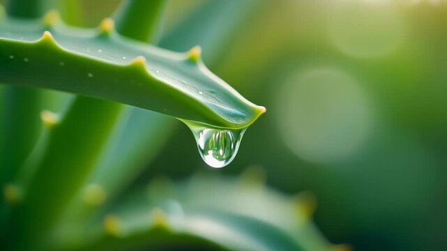 Fresh water droplet clinging to green aloe vera leaf in natural light