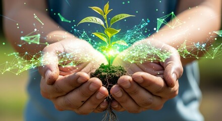 Hands holding a small plant with glowing digital network connections representing green technology.