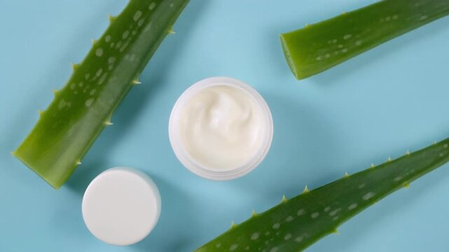 Natural aloe vera cream for skin care on a blue background top view