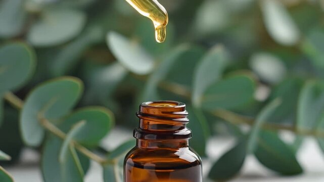 Natural essential oil dripping into a brown bottle for skincare