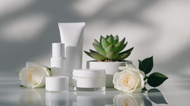 Natural Skincare Products with Roses and Succulent on Reflective Surface