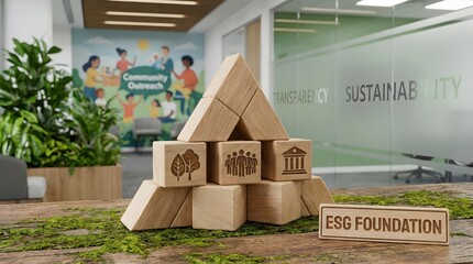Eco-friendly wooden blocks with nature and recycling symbols stacked in a greenhouse setting, promoting sustainability