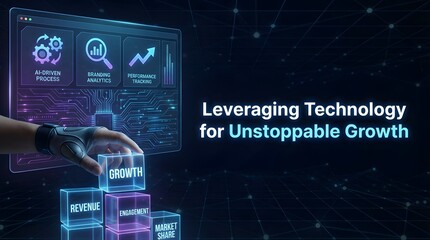 A cybernetic hand orchestrates business growth through technological innovation and strategic data analysis on a digital interface