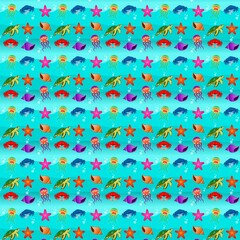 Cute cartoon sea life seamless pattern featuring colorful jellyfish, crabs, a turtle, starfish, and seashells on a blue underwater background with bubbles. Ratio 1:1