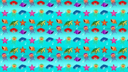 Cute cartoon sea life seamless pattern featuring colorful jellyfish, crabs, a turtle, starfish, and seashells on a blue underwater background with bubbles. Ratio 16:9
