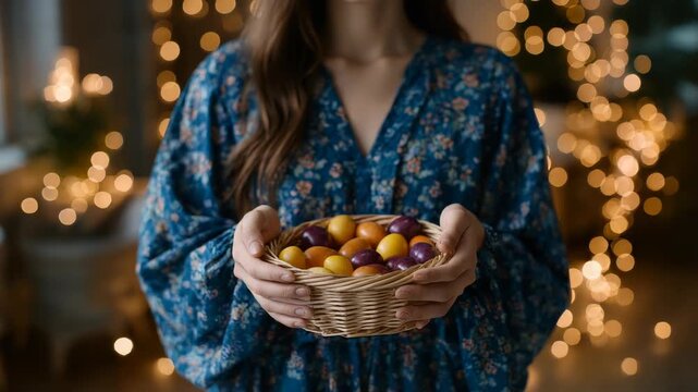Young woman with a basket of colorful candies at cozy festive ambiance