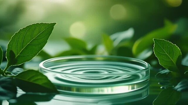 Water drop creating ripples in petri dish surrounded by green leaves