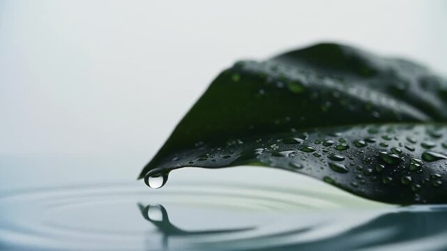 Water droplet falling from a wet green leaf onto a pristine water surface
