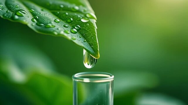 Water droplet falling from green leaf into test tube for scientific research