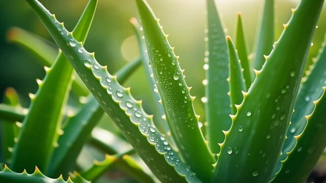 Aloe Vera Plants with Dewdrops Sparkling in Sunlight Natural Beauty