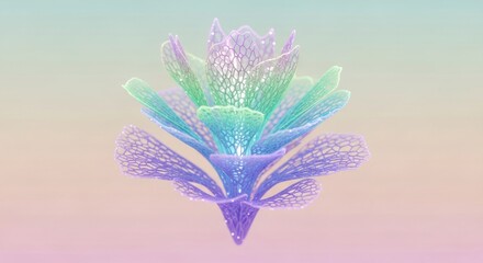 Ethereal iridescent flower made of glittering particles on a pastel gradient background.