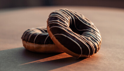 Two Chocolate Frosted Donuts with White Stripes on a Table.