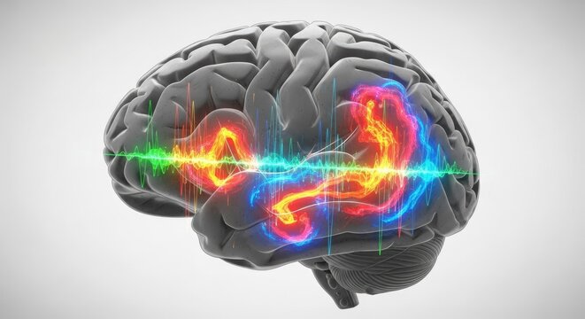 Human Brain Concept with Electrical Activity Waves and Highlighted Areas of Broca and Wernicke for Language Understanding and Speech Processing on White Background