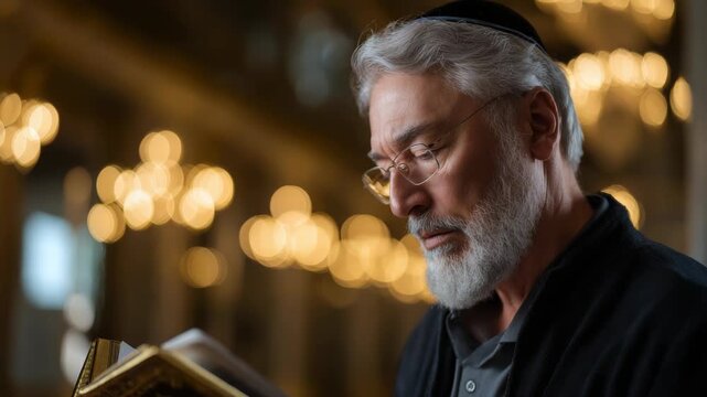 Mature man reading Jewish text in temple with blurred lights background