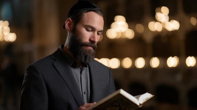 Man with beard reading Hebrew text in synagogue under glowing light